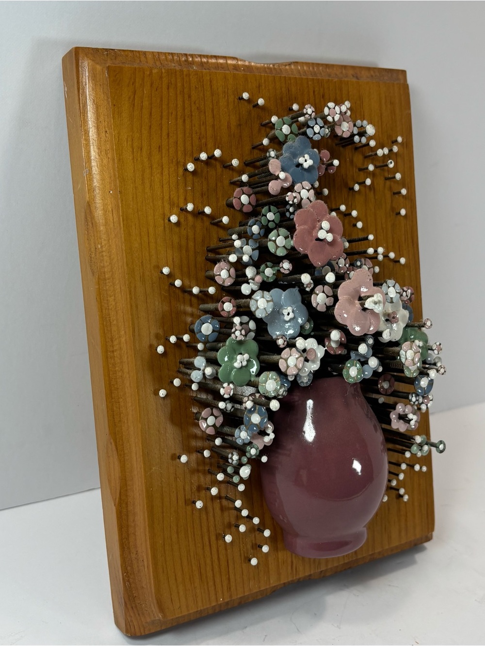 Nail Art Wall Hanging Brutalist Floral Wood Pauline A. Owens 1977 9” Pol-O-Craft - Picture 4 of 9